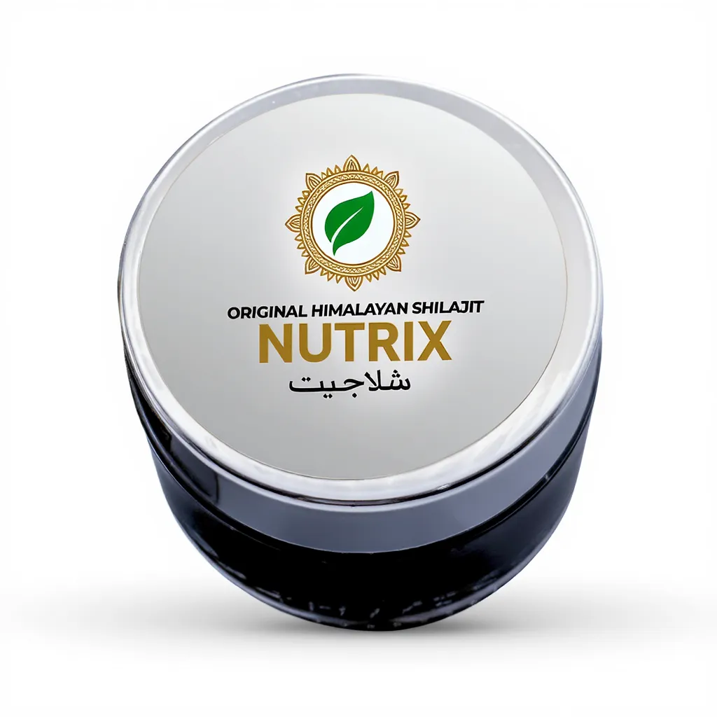 Pure Himalayan Shilajit Nutrix jar with logo and label on white background.