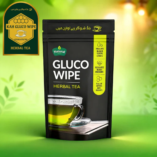 Gluco Wipe herbal tea packaging with a cup and plant background for blood glucose management.