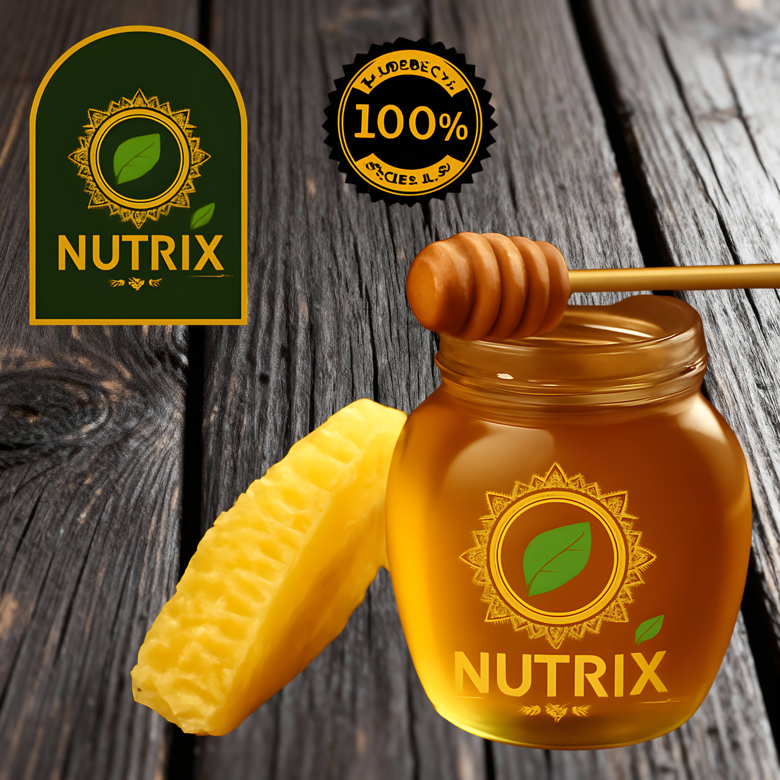 Nutrix Pure Honey jar with honey dipper and honeycomb on wooden table, 100% natural pure honey.