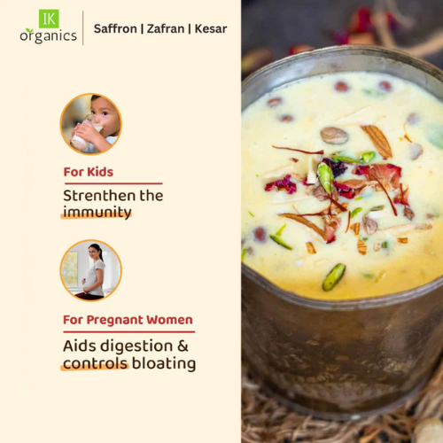 Premium Saffron in a drink promoting immunity for kids and aiding digestion for pregnant women.