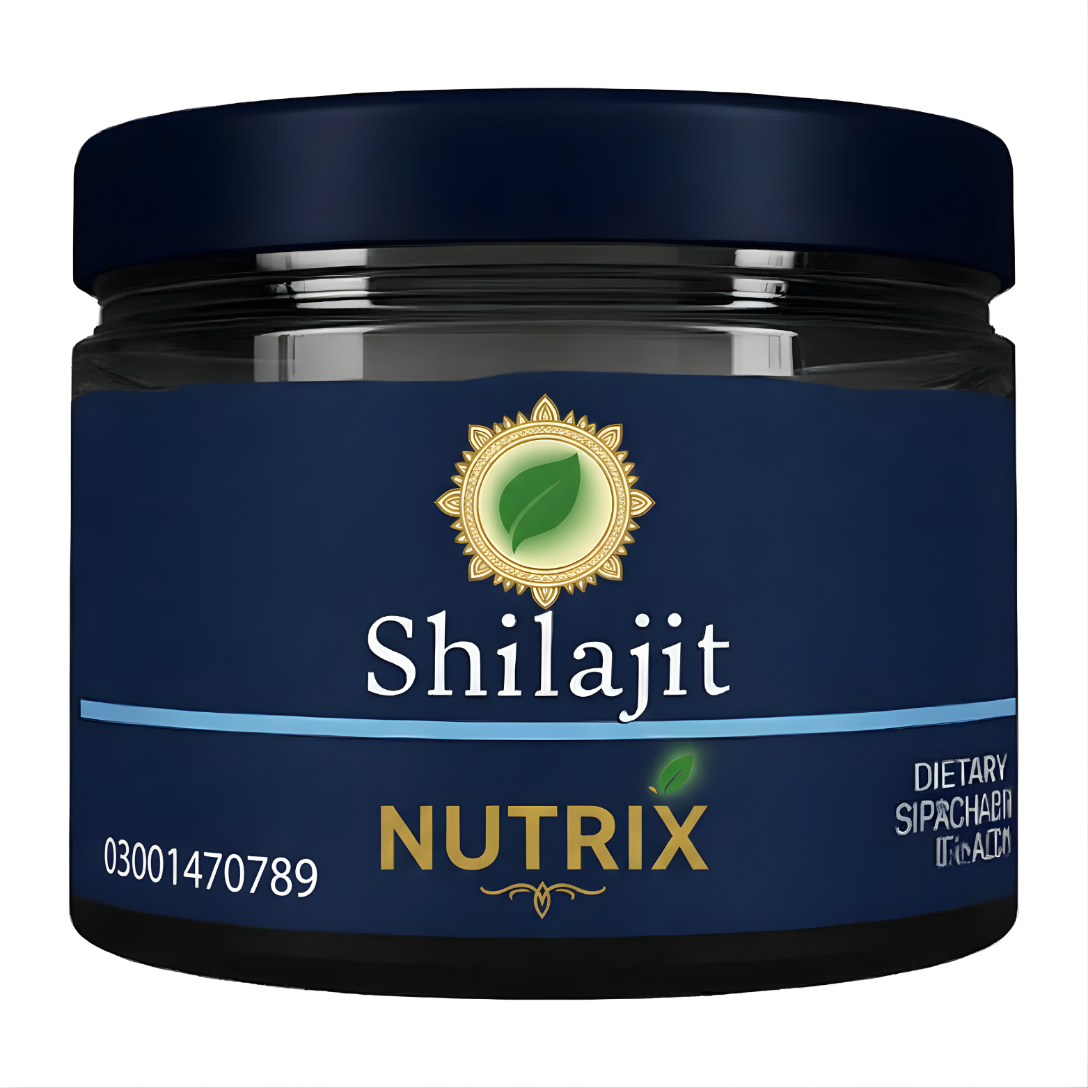 Pure Himalayan Shilajit Nutrix supplement jar with a gold emblem and blue label.