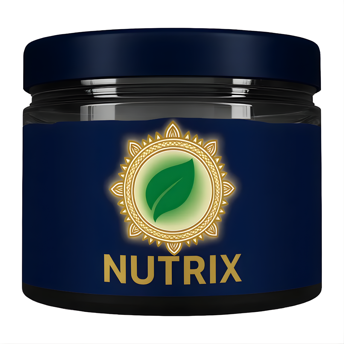 Pure Himalayan Shilajit Nutrix supplement jar with green leaf logo on a dark blue background.