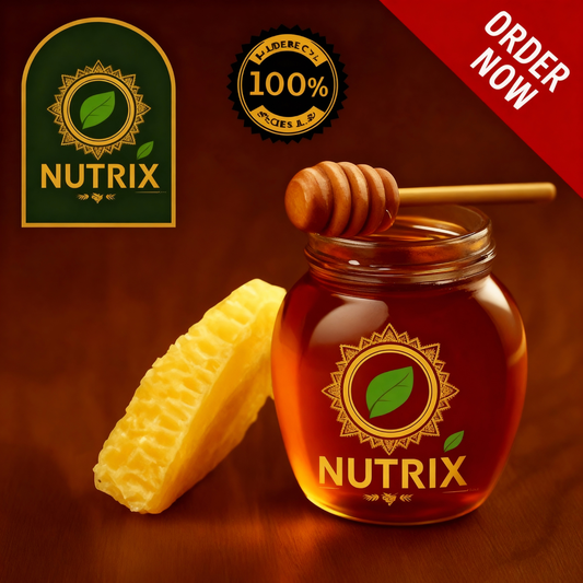 Nutrix Pure Honey jar with honey dipper and honeycomb, promoting 100% natural sweetness.