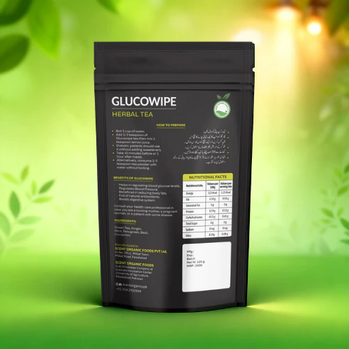 Gluco Wipe herbal tea package showing nutritional facts and preparation instructions against a green background.