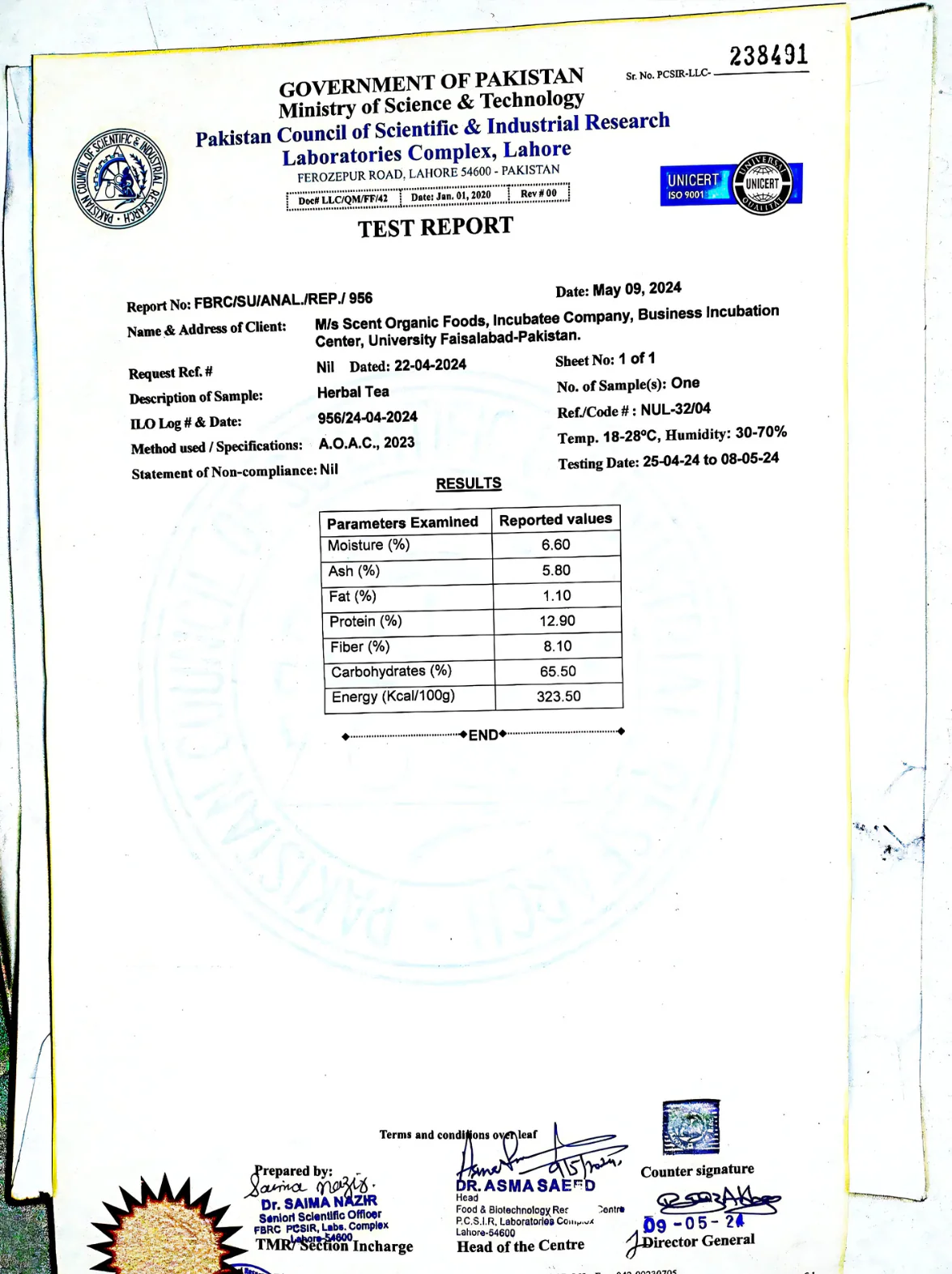 Test report document from the Government of Pakistan detailing food examination results.