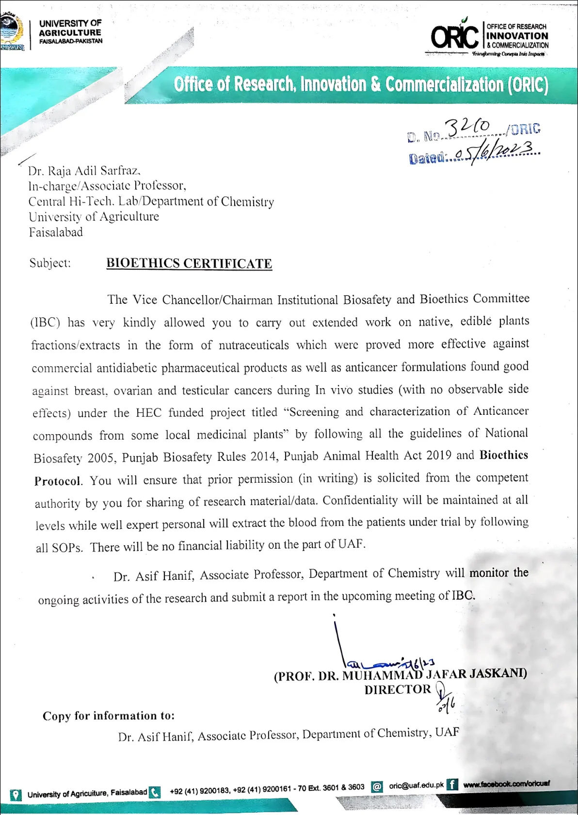 Bioethics certificate issued by UAF for research on native plants and medicinal compounds, signed by directors and research faculty.